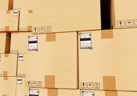 Fulfillment concept. Cardboard boxes with white stickers. FBS stickers with barcode. Fulfillment by Seller process. Lots of crates in Fulfillment Center. Background from cardboard boxes. 3d image.の写真素材