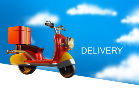 Delivery scooter. Delivery letters next to scooter. Red scooter on sky background. Courier moped visualization. Logistic company transport. Three-dimensional moped delivery man. 3d rendering.の写真素材