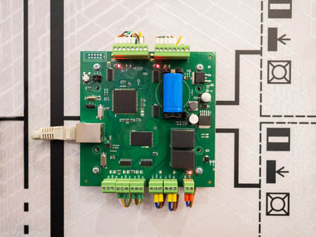 Electronic board. Network cable is connected to PCB. Green computer board. Concept - testing of electronic boards. PCB inspection during production. Computer chip is attached to wall of equipment.の写真素材