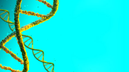 Genetic mutation concept. Mutated DNA helix. Green DNA strand symbolizes mutation. Mutated human genome. Genetic DNA background. Wallpaper on honey theme. Place for text next to genome. 3d rendering.の写真素材