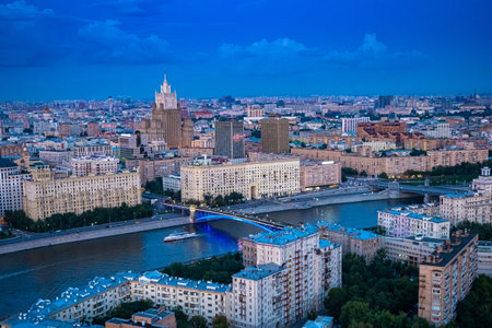 Russia. Moscow skyline. Tour of the Moscow River Embankment of Moscow river top view. Center of the...