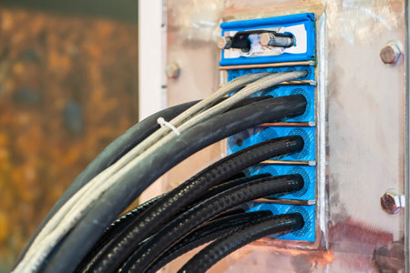 Electrical cords in fire panel. Flame stopping panel. wires are protected from fire. Black cables are inserted into connector. Fire-fighting electrical network. Concept - electrical wiringの写真素材