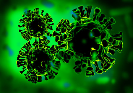 Green virus molecules. Virus bacteria on green background. Virus molecules in green neon light. Coronavirus bacteria close up. Background covid 19. Neon background of coronavirus. 3d imageの写真素材