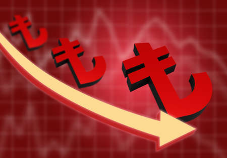 Turkish lira fall chart. Lira logos on the falling chart. Economic collapse in Turkey. Turkish financial Market news. Devaluation of the national currency. Financial crisis. 3d imageの写真素材