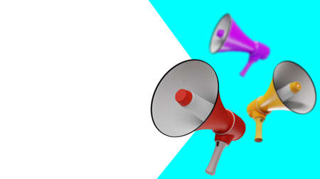 Loudspeakers in different positions. Advertising promotion and marketing concept. Loudspeakers as metaphor for news and propaganda. Copy space on white background. Promotion banner design. 3d imageの写真素材