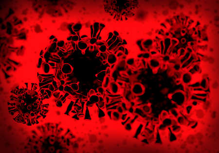 Viruses in bloodstream. Virus molecules in human blood. Elements of coronavirus in blood. Background on theme of viral diseases. Covid 19 coronavirus metaphor. Epidemiology background. 3d rendering.の写真素材