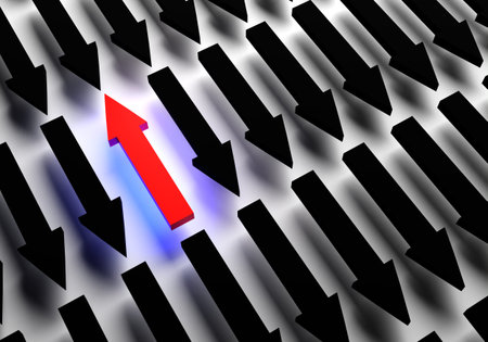 Be different concept. Personal growth metaphor. Movement against crowd. Reverse movement. Red arrow...