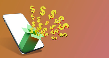 Money prize. Surprise box in smartphone screen. Winning cash prize in application. Online casino...