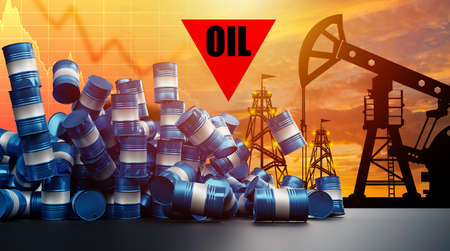 Oil production. Down arrow symbolizes price of oil. Falling petrolium revenues. Decrease in oil prices. Adjustment of petrol prices. Industry crisis. Falling barrels near petrolium pumps. 3d imageの写真素材