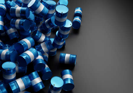 Falling oil prices concept. Decrease in prices for petroleum products. Oil crisis. Blue barrels fell to ground. Top view of many barrels for chemistry. Oil production crisis. 3d illustration.の写真素材