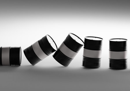 Chemical barrels. Falling barrels as metaphor for oil crisis. Oil production crisis. Concept - drop...