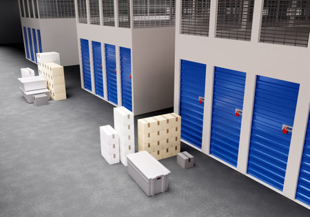 Self storage space. Warehouse storage corridors. Rental Storage Units. Boxes next to blue units. 3d...