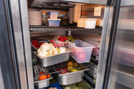 Refrigerator of restaurant with food. Vegetables in restaurant refrigerator. Containers with...