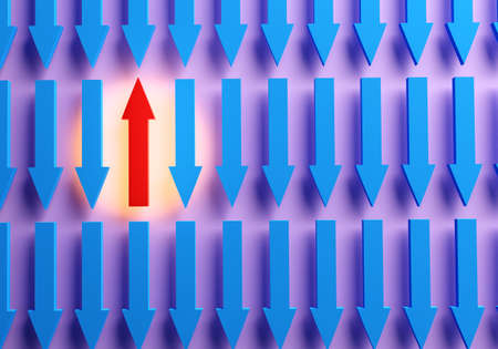 Uniqueness in business concept. Detachment from competitors. Business concept of opposing company actions. Out of box marketing strategy metaphor. Red arrow pointing upwards, blue downwards. 3d imageの写真素材