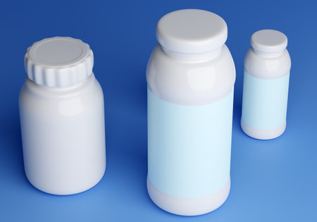 White bottles for vitamins or probiotics. Three-dimensional bottles without labels. Jars with blank...