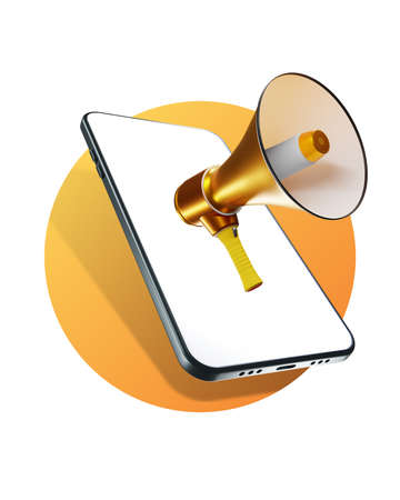 Loudspeaker in smartphone screen. Mobile advertising concept. Loudspeaker stands for mobile marketing. Advertising in applications on phone. Internet advertising. Messages in web apps. 3d imageの写真素材