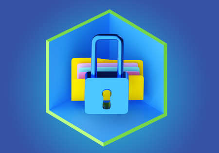Personal data protection concept. Storage business information. Protection digital data warehouses. Database software. Information security software. Padlock and folder on blue background. 3d image.の写真素材
