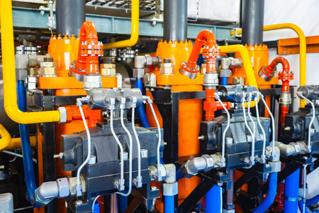 Gas pipes of different diameters. Gas equipment. Fragment of pipes in production. Fragment of...