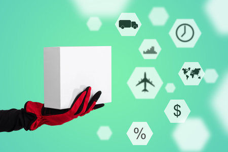 Logistic service concept. Hand with box next to symbols of logistics. Choosing logistics service....