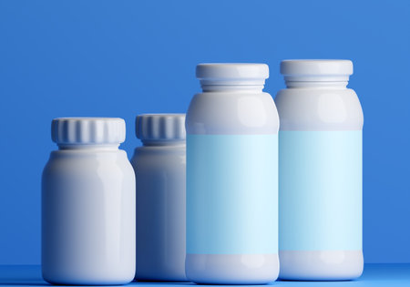 Several plastic bottles on table. Concept - containers for medicines. Set of bottles of different...