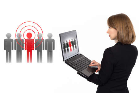Person identification. Biometric security system. Artificial intelligence. Biometric identification. Woman with a smart notebook. Personal verification. AI algorithms for personality determinationの写真素材