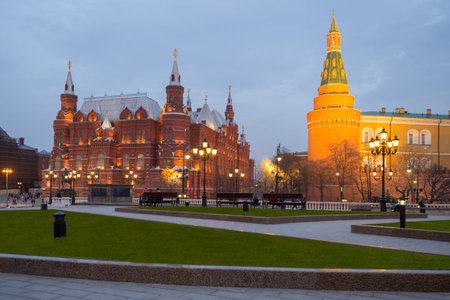 Moscow evening. Autumn Russia. Manezhnaya Square in Moscow. Capital of Russia in winter evening....