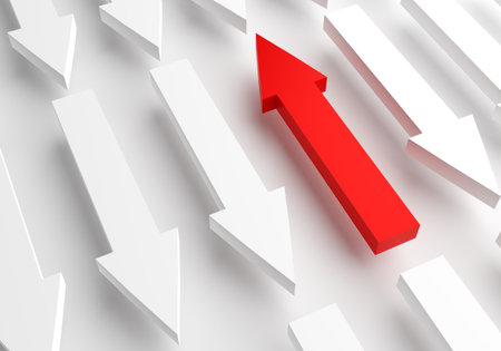 Be different concepts. Personal growth. Up red arrow stands out from whites. One rises, rest fall....