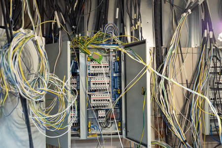 Tangled wires in electrical cabinet. Electric and mains wires are tangled. Concept - adjustment of...