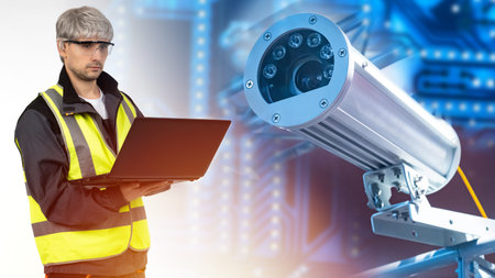 An engineer next to CCTV camera. Man is setting up video surveillance system. Adult engineer with...