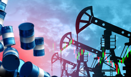 Oil pumps. Background on theme of oil production. Falling barrels on sky background. Oil price...