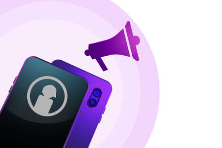 Phone with person icon on screen. Loudspeaker symbolizes incoming call. Incoming call in phone. Collage on theme of incoming calls. Megaphone icon on light background. 3d visualizationの写真素材