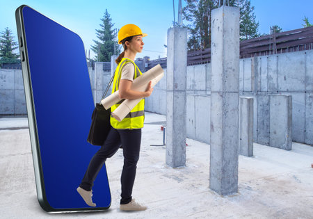 Woman builder on background of construction site. Builder next to phone. Architect at construction...