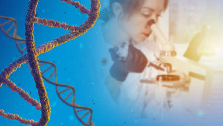 DNA helix next to laboratory assistant. Researcher with microscope in background is blurred. DNA helix research. DNA disease research concept. Study of genetic diseases. Experiments with human genomeの写真素材