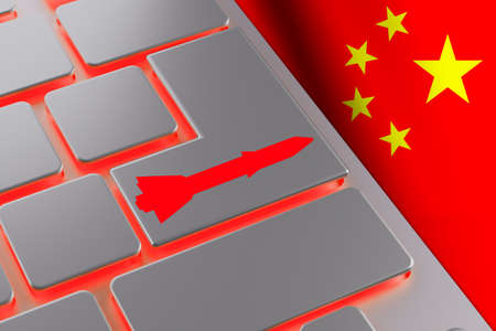 Missile armament of China. Missile launch button. Concept - development of ballistic weapons of PRC. Ballistic weapons of People's Republic of China. Rocket logo on keyboard. 3d rendering.の写真素材