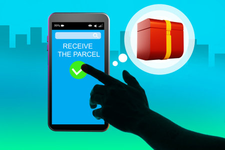 Application interface with logo - receive parcel. Inscription in delivery application. Man's hand operates delivery application. Courier cellphone on city background illustration. Delivery apps.の写真素材
