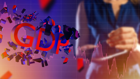 GDP logo near graph. Decrease in global GDP. Woman analyst in background. Blurred girl in...