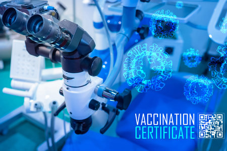 Vaccination certificate. Development of vaccines against viruses. Electron microscope symbolizes...