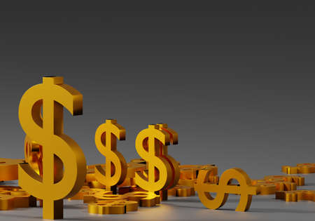 Set of US dollar symbols. American dollar logos. American currency signs on gray background. Place for text on financial topic. Lying dollar logos symbolize crisis. 3d illustration.の写真素材