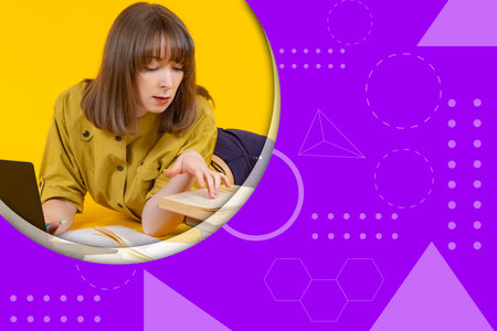Student is studying something. Woman with books and notebooks. Exam preparation concept. Student...