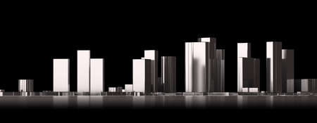 city is three-dimensional. Urban architecture. Urban planning concept. Modeling urban skyscrapers. Night city quarter. Skyscrapers are reflected in river. Skyline metropolis. 3d rendering.の写真素材