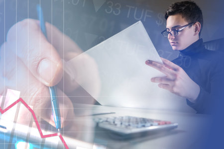 Business analyst. Male investor next to quotes. Young trader with double exposure. Concept -...