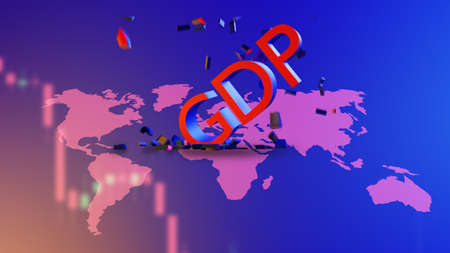 Falling GDP. World map with GDP logo. Gross domestic product. GDP symbol on blue background. Metaphor of economic crisis. World economic crisis. Falling debris with motion effect is blurred. 3d imageの写真素材