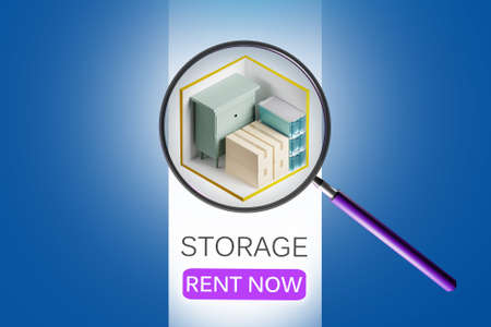 Storage rent now inscription. Small storage bin under magnifying glass. Furniture and boxes in warehouse container. Storage rent banner with blue background. Warehouse for safekeeping. 3d imageの写真素材