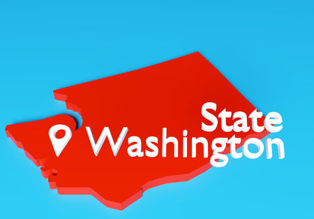 State of Washington. Fragment of map of America. USA map silhouette on turquoise background. Red...