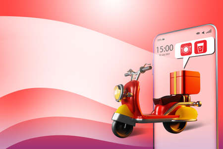 Food delivery. Courier scooter on red background. Motoroller with food symbols. Delivery food ordered in application. Pizza courier scooter. Delivery from cafe. Courier from restaurant app. 3d imageの写真素材
