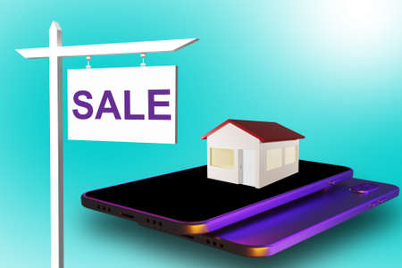 House for sale. Sale sign near phone. Metaphor for real estate apps. Selling house through phone. Mobile site for sale of real estate. Miniature house on phone screen. Booking apps. 3d imageの写真素材
