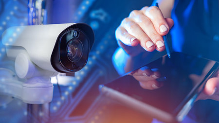 CCTV system application concept. CCTV camera next to woman's hands. Smartphone in hands of businesswoman close up. Remote video surveillance metaphor. Remote monitoring of video surveillance systemの写真素材
