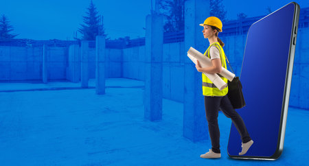 Civil engineer inside building under construction. Smartphone model next to engineer. Engineering...