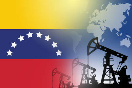 Oil production in Vinezuela. Vinezuela flag next to oil pumps. world map symbolizes sales in different countries. use of hydrocarbons from Vinezuela in world. State oil industry. 3d rendering.の写真素材