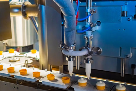 Creamy ice cream production. Ice cream spill conveyor line. Frozen Yogurt Factory. Recycling milk...